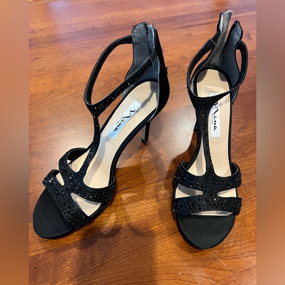 Nina Black Strappy Heels with Rhinestones